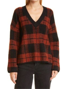 Rails Colleen V-Neck Jacquard Plaid Sweater Cozy Casual Chic Rust Black Plaid M
